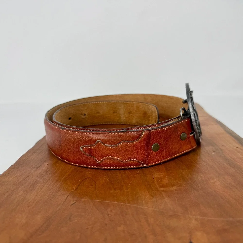 Vintage 1982 Siskiyou Eagle Belt Buckle Leegin Brown Leather Belt Mens 36 USA